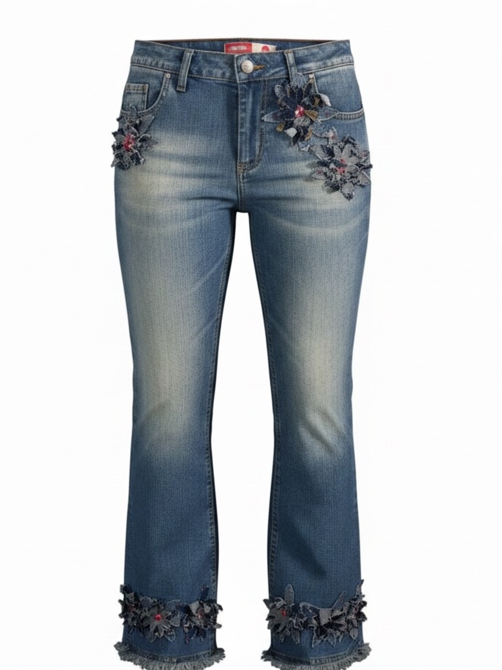 bebe Light Blue Embellished Flare Jeans with Floral Appliqué